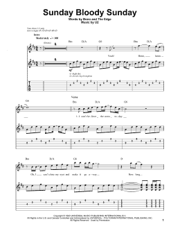 page one of Sunday Bloody Sunday (Guitar Tab (Single Guitar))