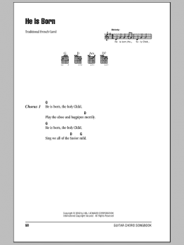 page one of He Is Born (Guitar Chords/Lyrics)