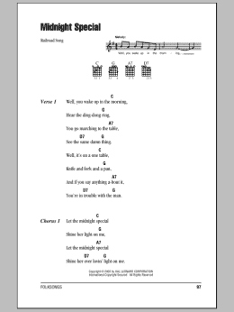 page one of Midnight Special (Guitar Chords/Lyrics)