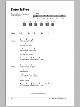 page one of Closer To Free (Guitar Chords/Lyrics)