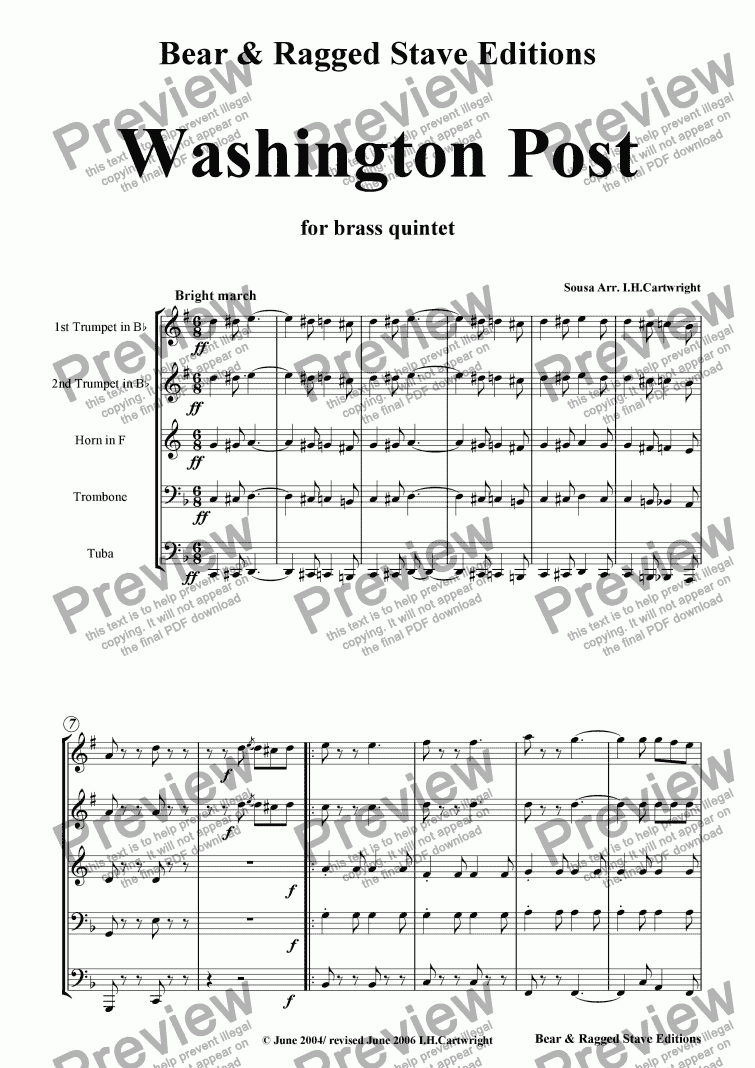 page one of Washington Post March for Brass Quintet