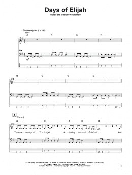 page one of Days Of Elijah (Bass Guitar Tab)