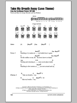 page one of Take My Breath Away (Love Theme) (Guitar Chords/Lyrics)