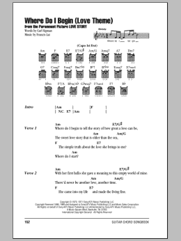 page one of Where Do I Begin (Love Theme) (Guitar Chords/Lyrics)