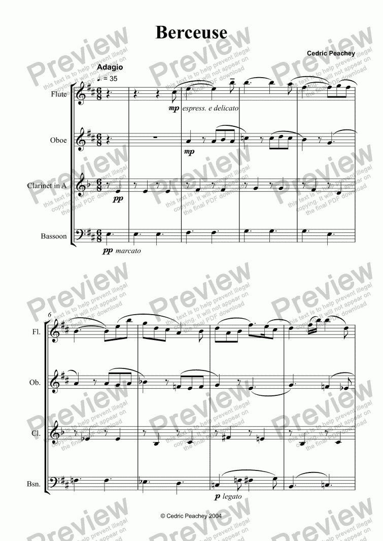 page one of Trois Griffonages - Berceuse (Flute, Oboe, Clarinet in A, Bassoon)