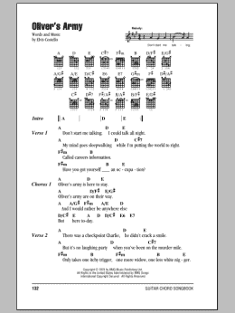 page one of Oliver's Army (Guitar Chords/Lyrics)