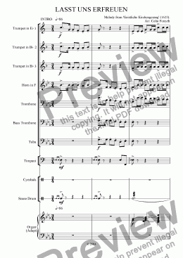 page one of 'Lasst uns erfreuen' arr. for Brass, Organ & Percussion.
