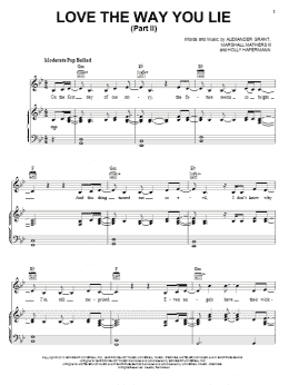 page one of Love The Way You Lie, Pt. 2 (Piano, Vocal & Guitar Chords (Right-Hand Melody))