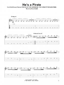page one of He's A Pirate (from Pirates Of The Caribbean: The Curse of the Black Pearl) (Guitar Tab (Single Guitar))