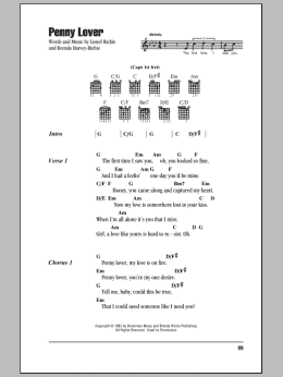 page one of Penny Lover (Guitar Chords/Lyrics)