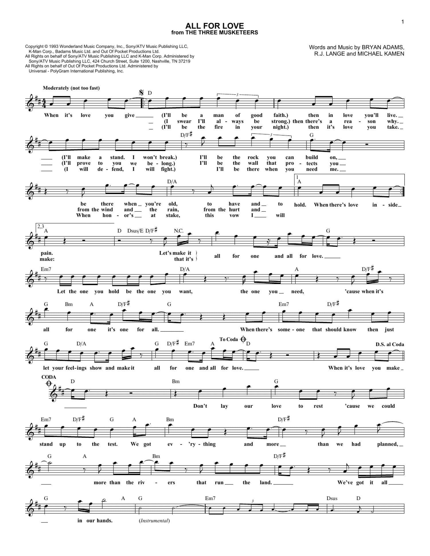 All For Love (Lead Sheet / Fake Book)