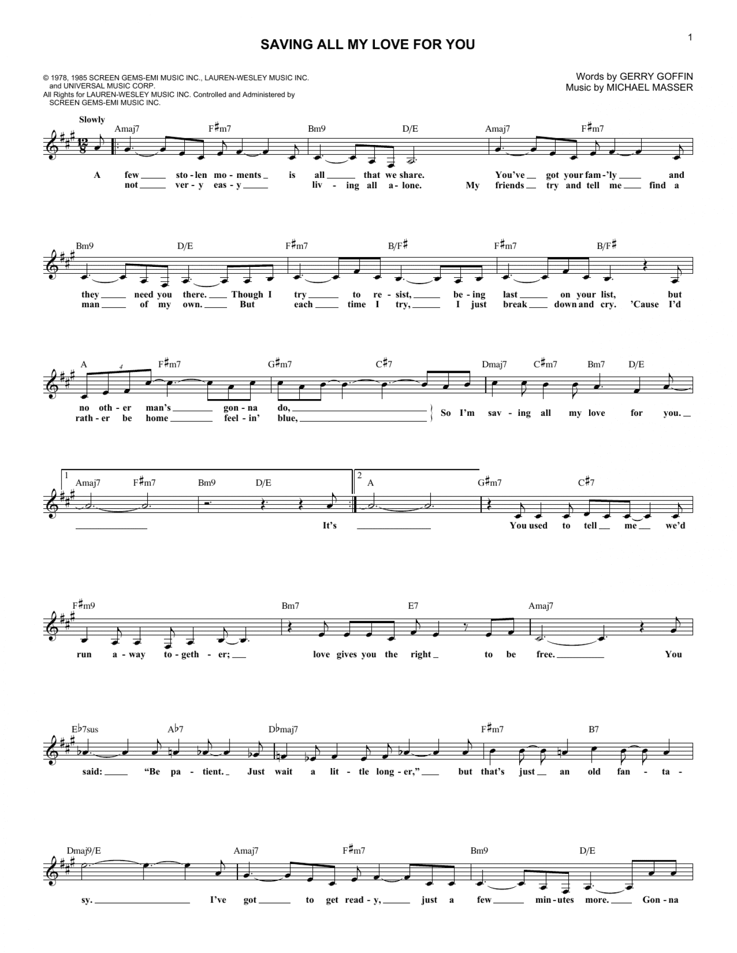 Saving All My Love For You (Lead Sheet / Fake Book)