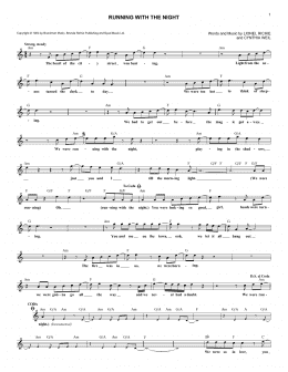page one of Running With The Night (Lead Sheet / Fake Book)