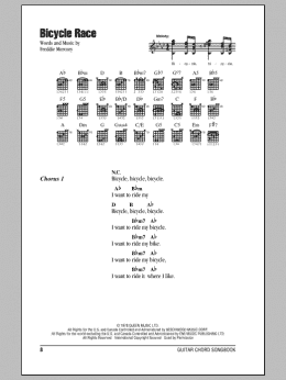 page one of Bicycle Race (Guitar Chords/Lyrics)