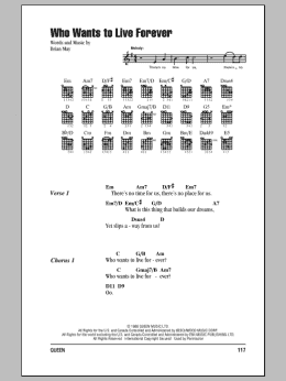 page one of Who Wants To Live Forever (Guitar Chords/Lyrics)