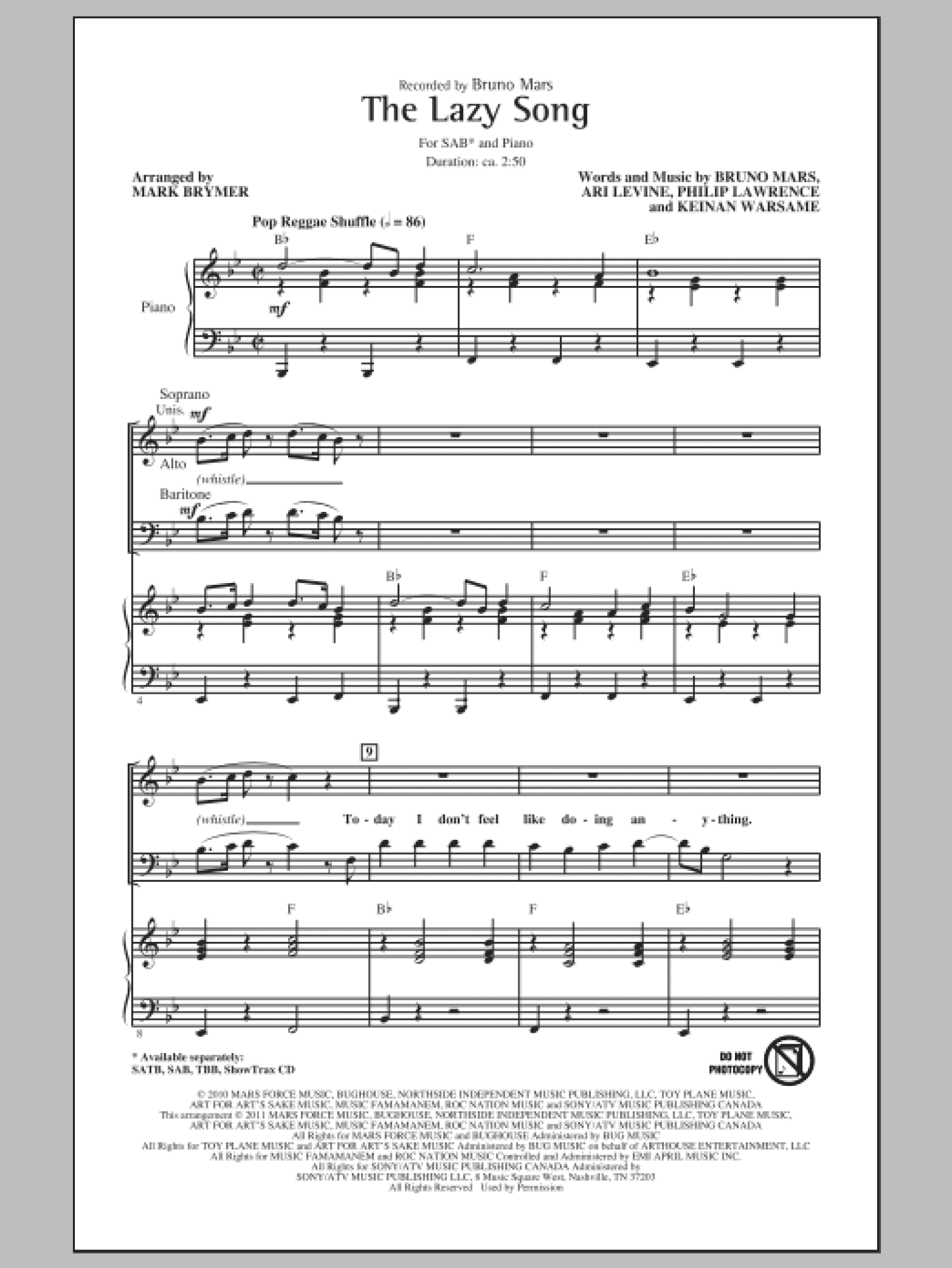 The Lazy Song (arr. Mark Brymer) (SAB Choir)