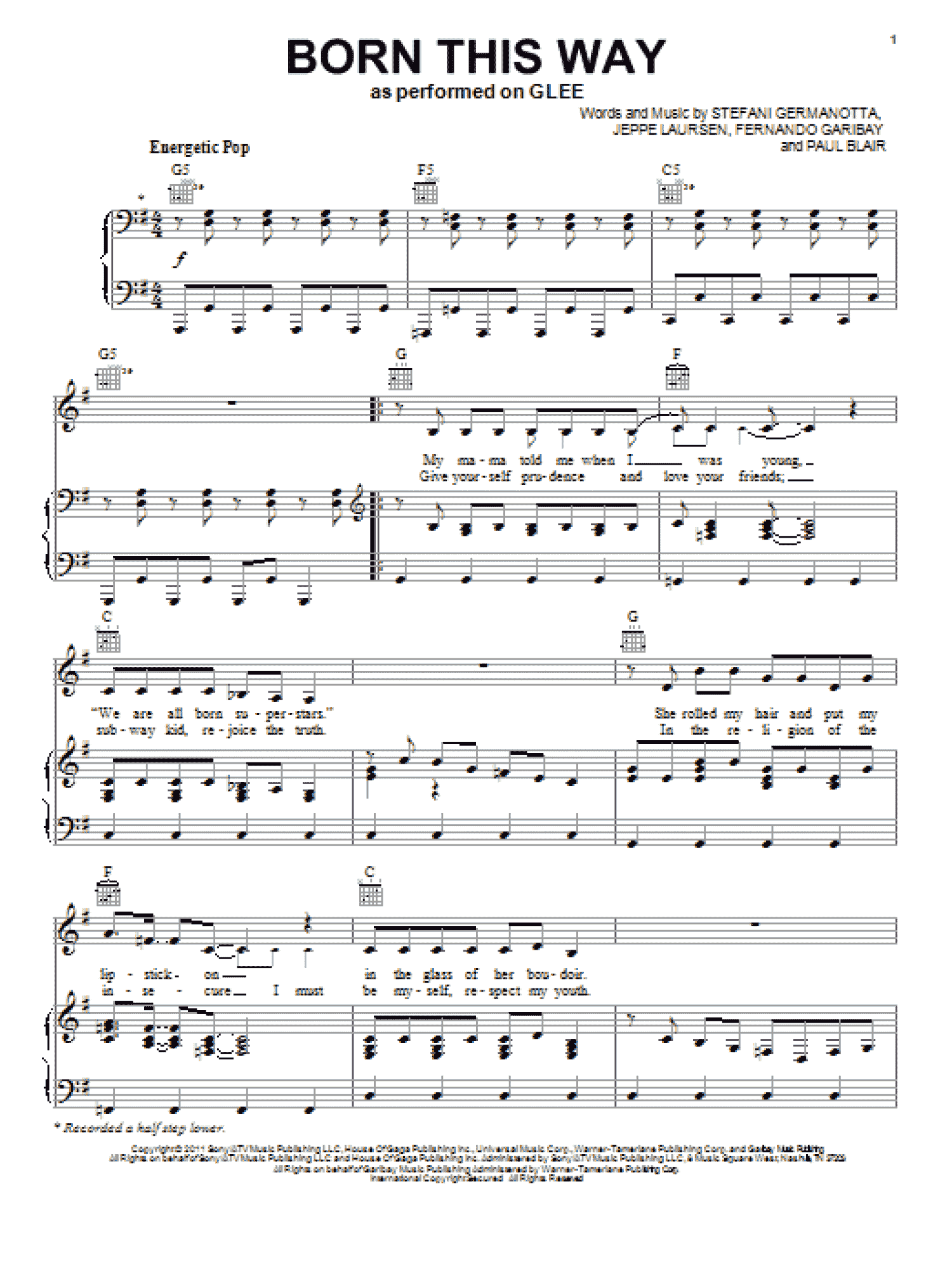 Born This Way (Piano, Vocal & Guitar Chords (Right-Hand Melody))