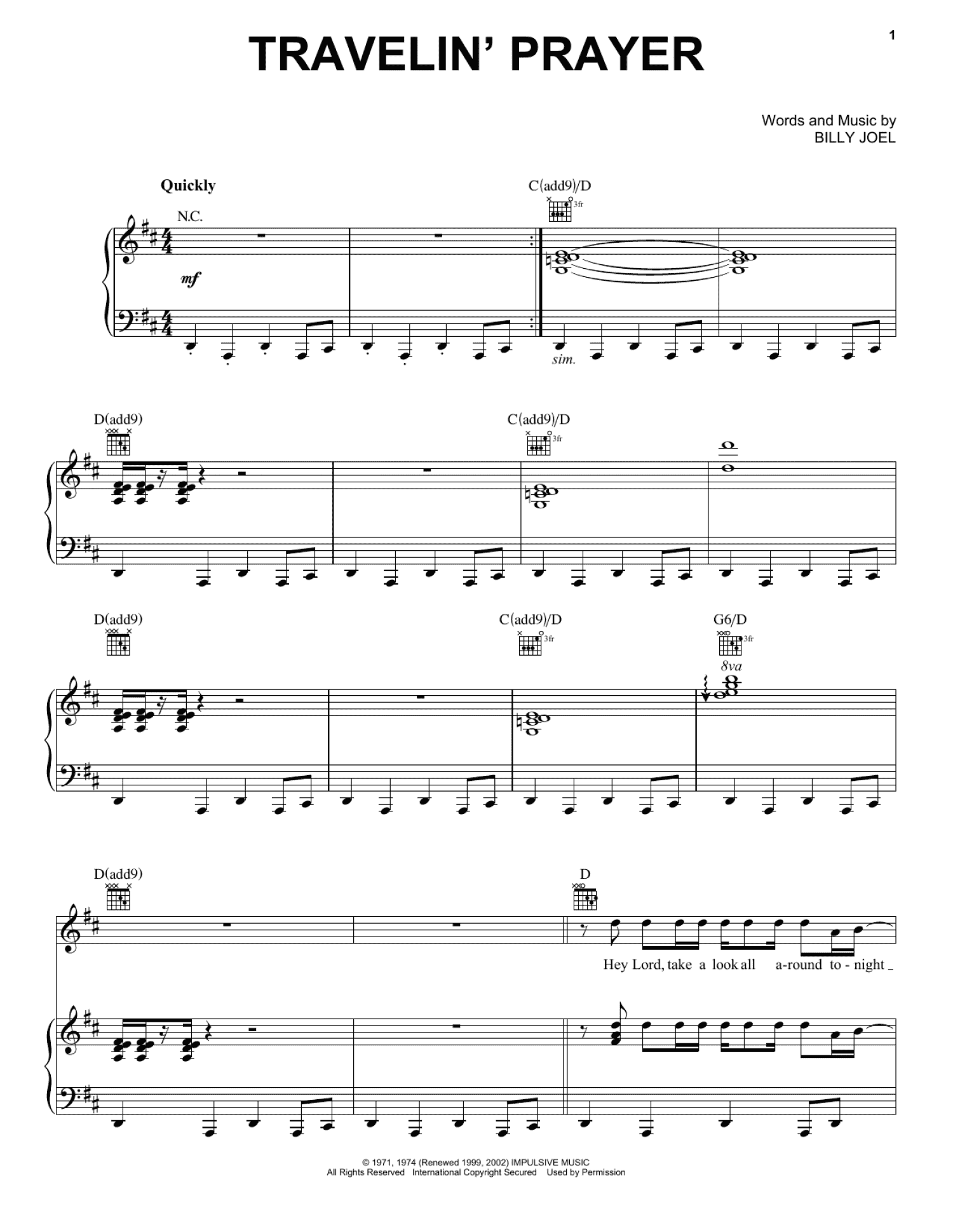 Travelin' Prayer (Piano, Vocal & Guitar Chords (Right-Hand Melody))