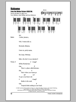 page one of Kokomo (Piano Chords/Lyrics)