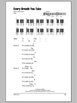 page one of Every Breath You Take (Piano Chords/Lyrics)