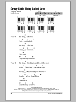 page one of Crazy Little Thing Called Love (Piano Chords/Lyrics)