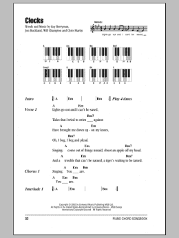 page one of Clocks (Piano Chords/Lyrics)