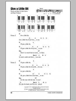 page one of Give A Little Bit (Piano Chords/Lyrics)