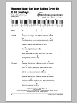 page one of Mammas Don't Let Your Babies Grow Up To Be Cowboys (Piano Chords/Lyrics)
