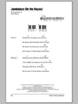 page one of Jambalaya (On The Bayou) (Piano Chords/Lyrics)