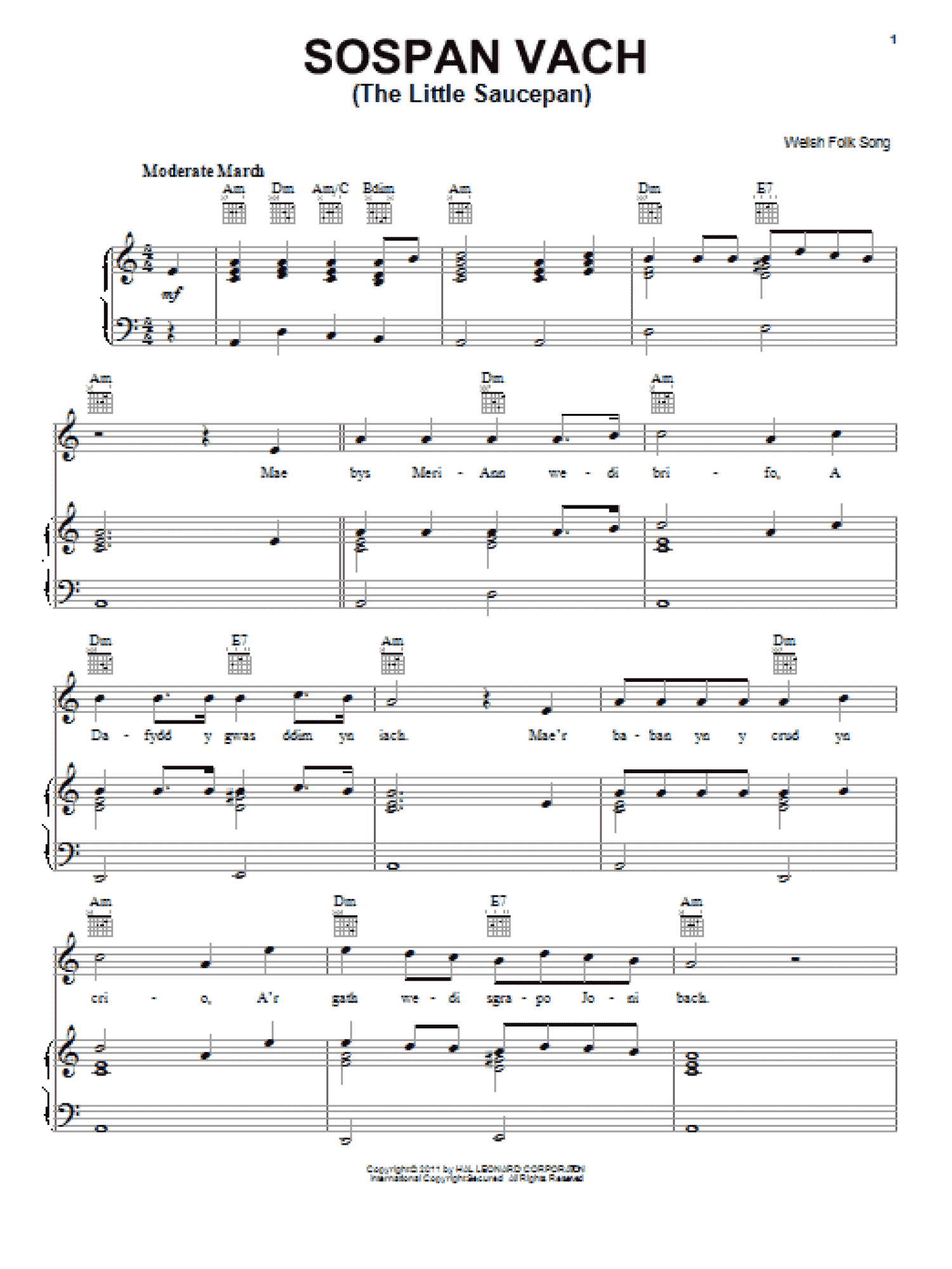 Sospan Vach (The Little Saucepan) (Piano, Vocal & Guitar Chords (Right-Hand Melody))
