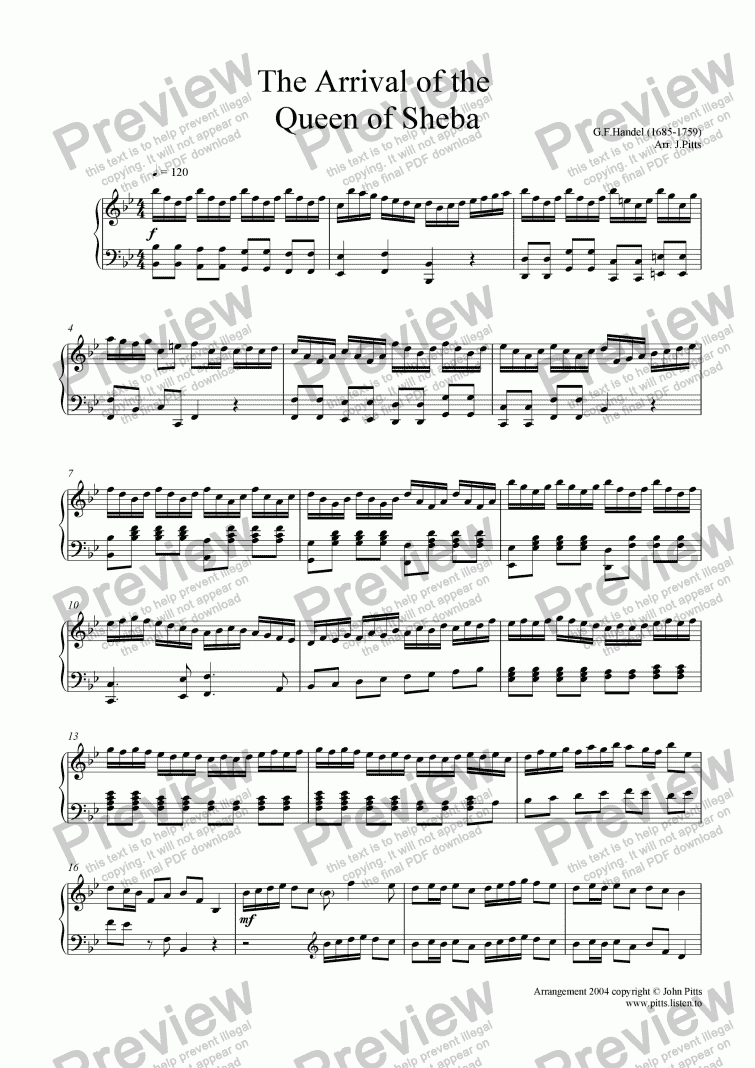 page one of Arrival of the Queen of Sheba (piano)