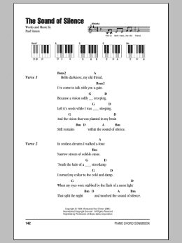 page one of The Sound Of Silence (Piano Chords/Lyrics)