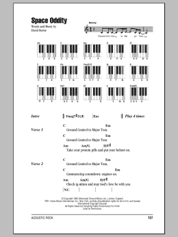 page one of Space Oddity (Piano Chords/Lyrics)