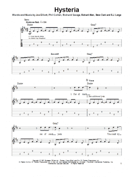 page one of Hysteria (Guitar Tab (Single Guitar))