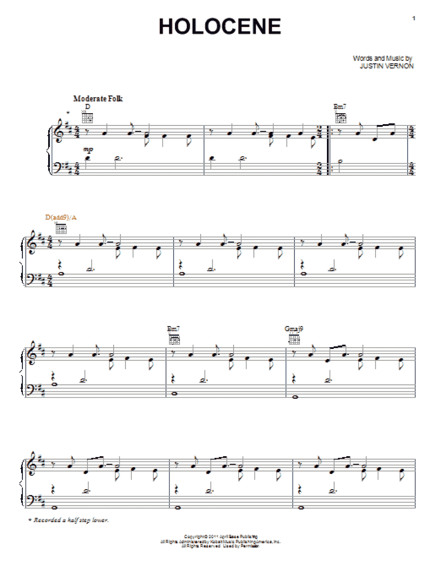 Holocene (Piano, Vocal & Guitar Chords (Right-Hand Melody))