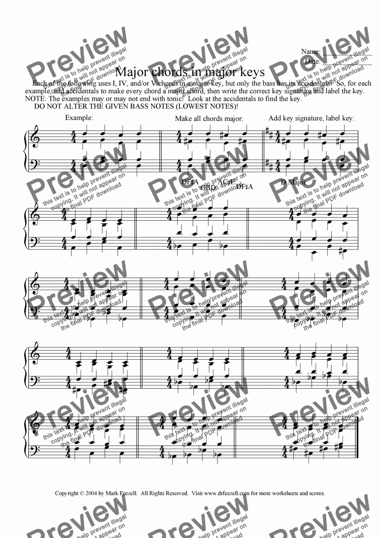 page one of Major chords in keys worksheet