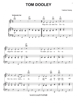 page one of Tom Dooley (Piano, Vocal & Guitar Chords (Right-Hand Melody))