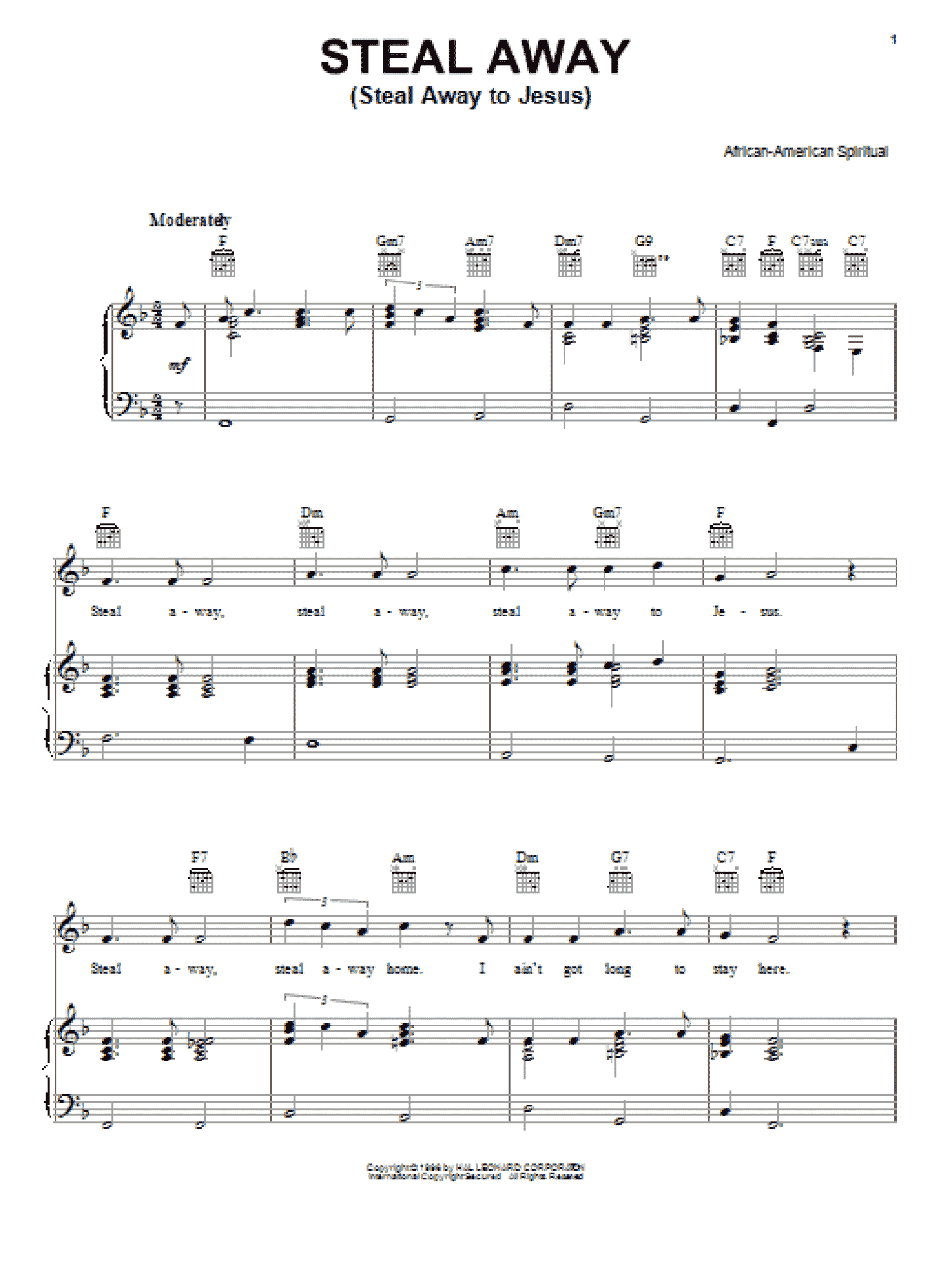Steal Away (Steal Away To Jesus) (Piano, Vocal & Guitar Chords (Right-Hand Melody))