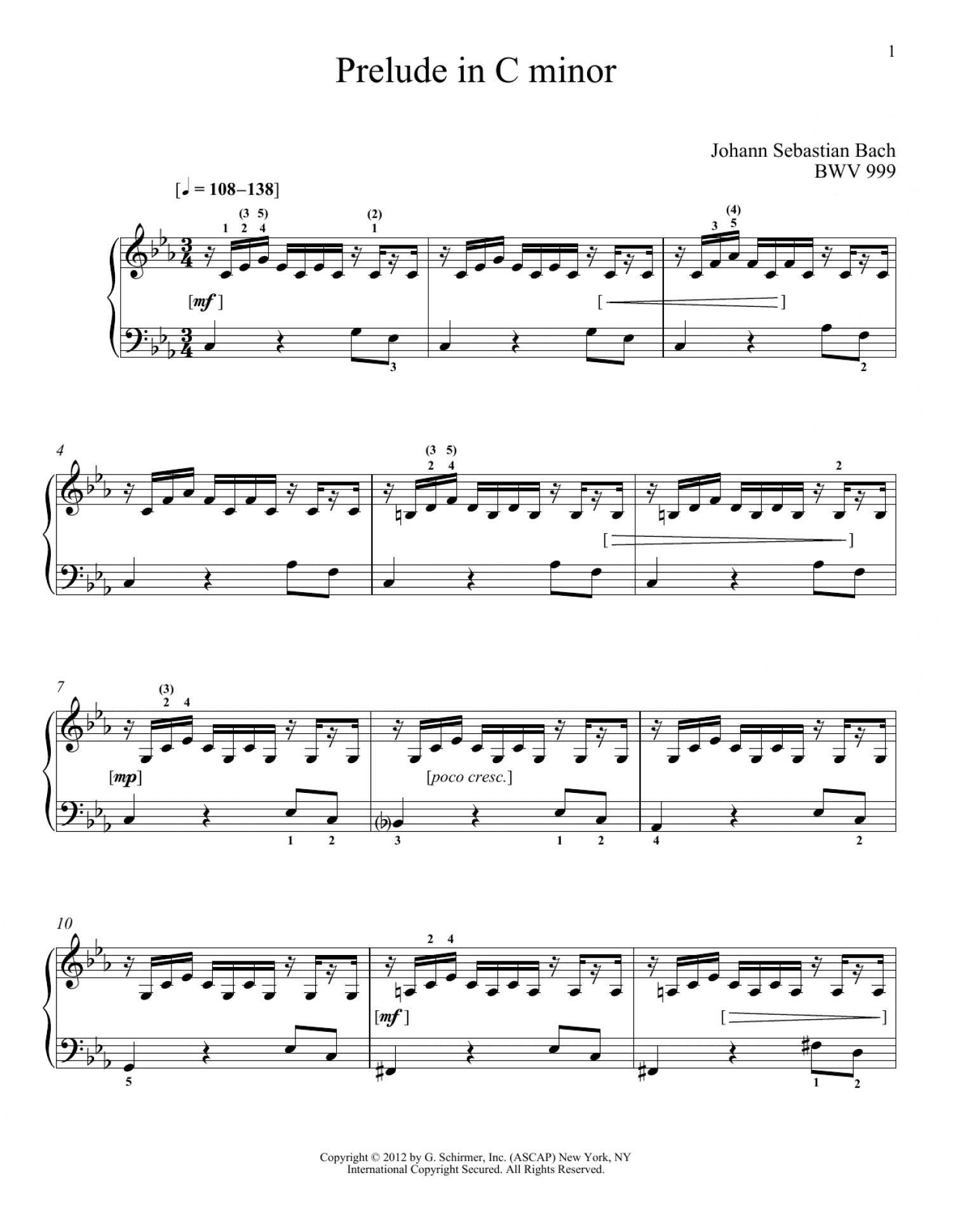 Prelude In C Minor, BMV 999 (Piano Solo)