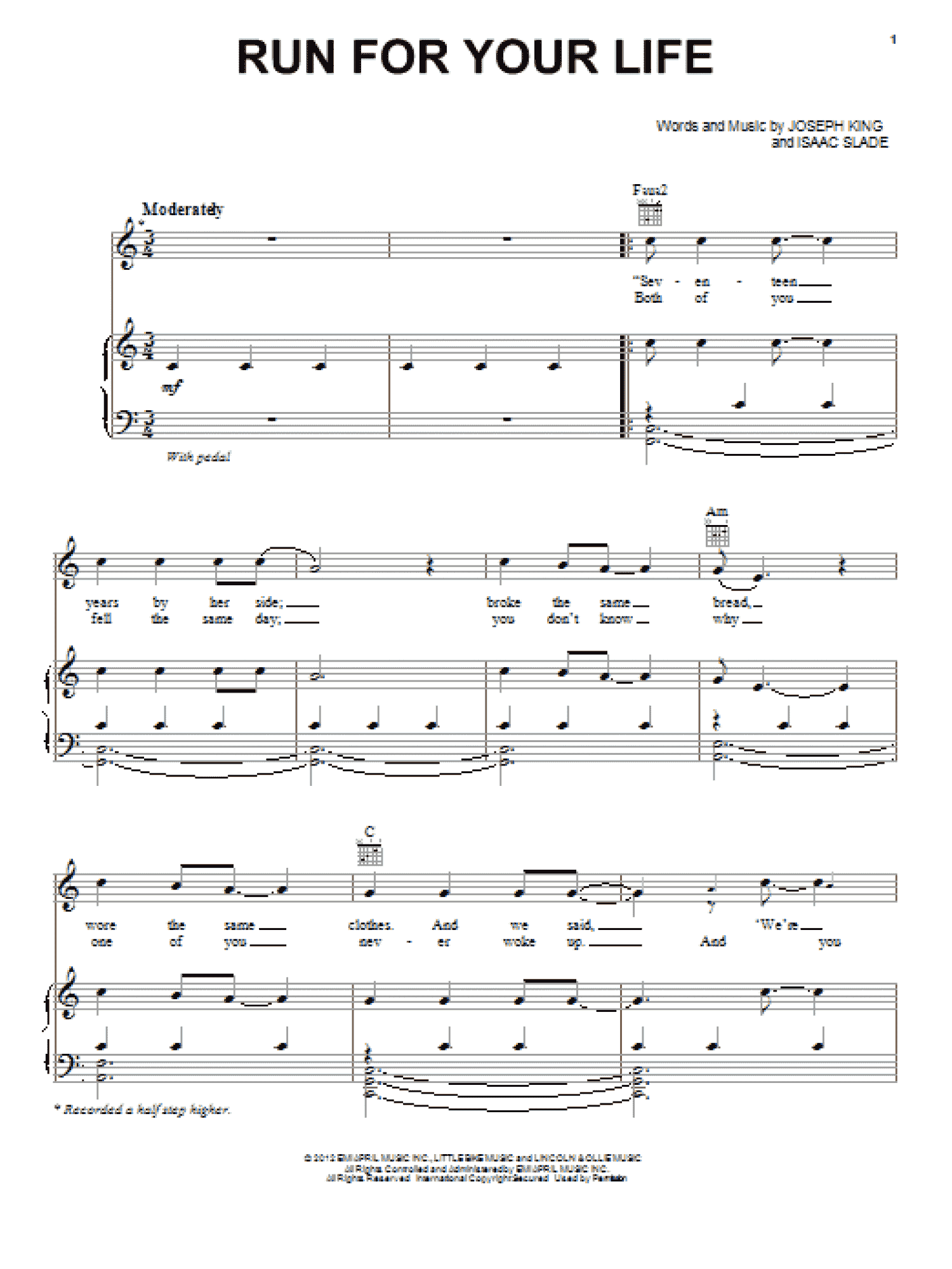 Run For Your Life (Piano, Vocal & Guitar Chords (Right-Hand Melody))