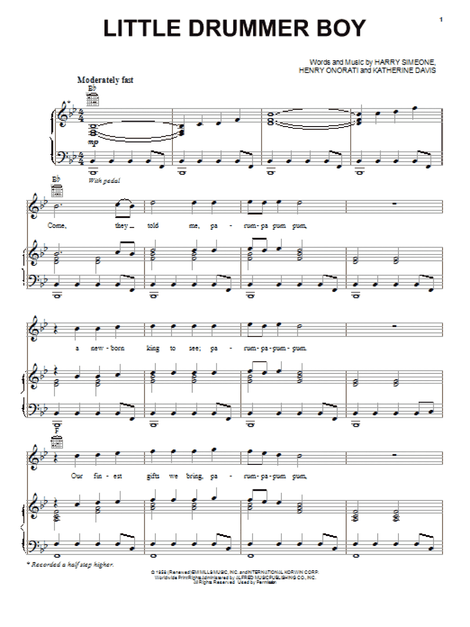 The Little Drummer Boy (Piano, Vocal & Guitar Chords (Right-Hand Melody))