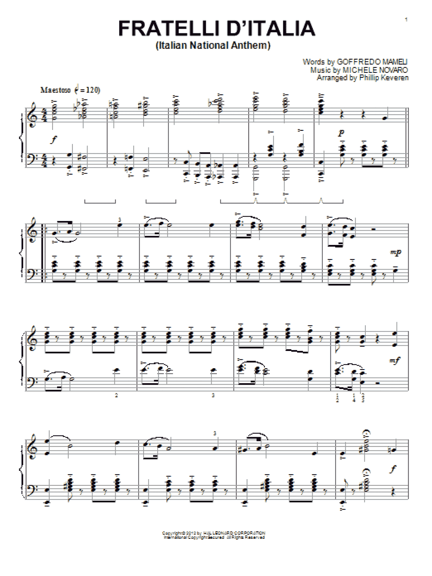 Italian National Anthem (Fratelli d'Italia) (arr. Phillip Keveren) (Piano Solo)