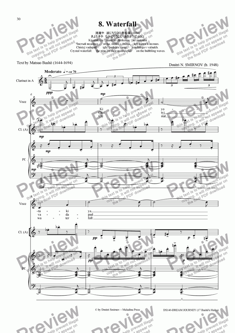 page one of DREAM JOURNEY (Basho) op140/08. Waterfall. Voice, cl, pf