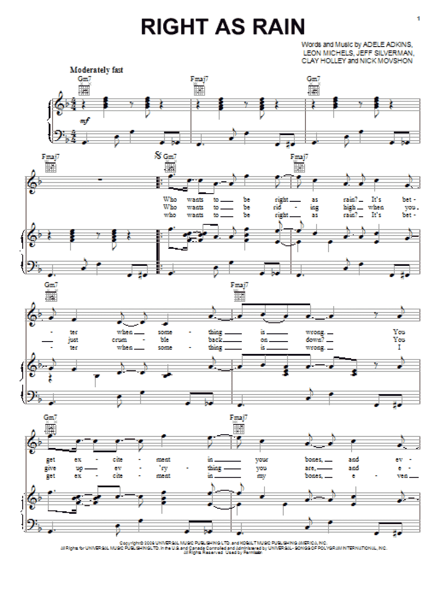 Right As Rain (Piano, Vocal & Guitar Chords (Right-Hand Melody))