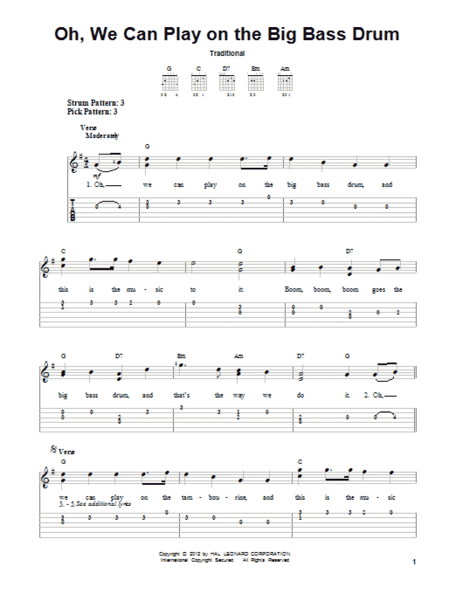 Oh, We Can Play On The Big Bass Drum (Easy Guitar Tab)