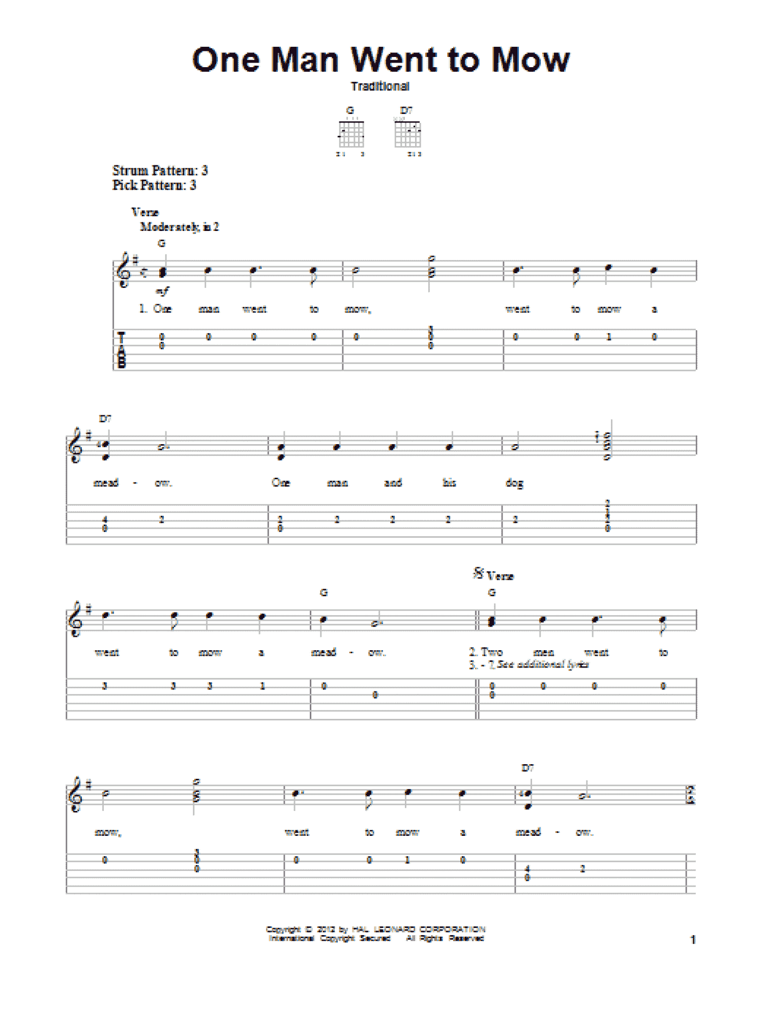 One Man Went To Mow (Easy Guitar Tab)