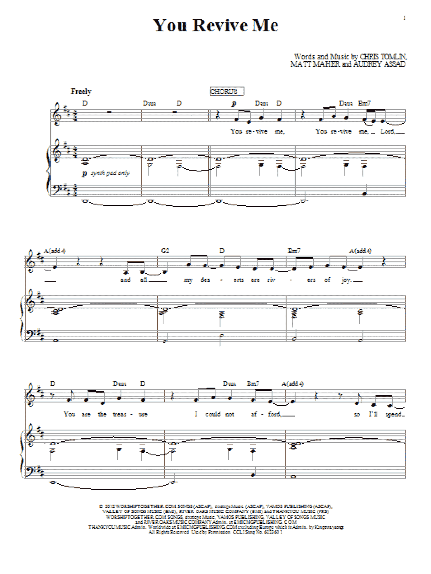 You Revive Me (Piano, Vocal & Guitar Chords (Right-Hand Melody))