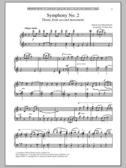 page one of Symphony No. 2, (Second Movement Theme) (Piano Solo)