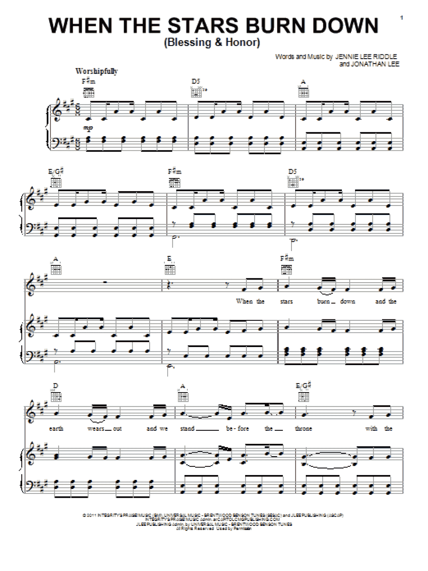 When The Stars Burn Down (Blessing And Honor) (Piano, Vocal & Guitar Chords (Right-Hand Melody))