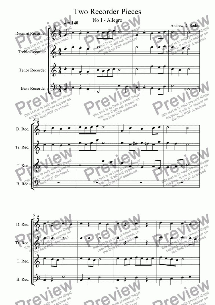 page one of Two Pieces for Recorder Quartet